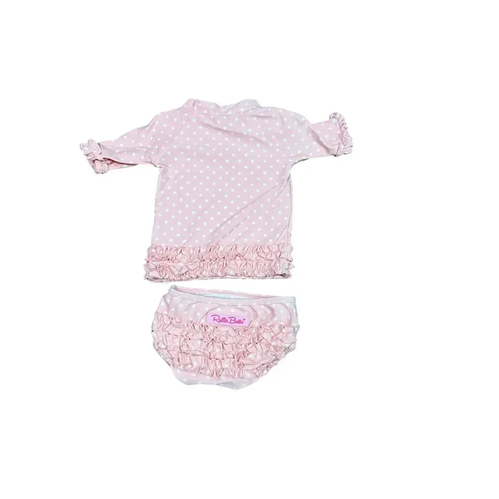 RuffleButts Pink Polka Dot Ruffled Rash Guard Bikini 6-12 months